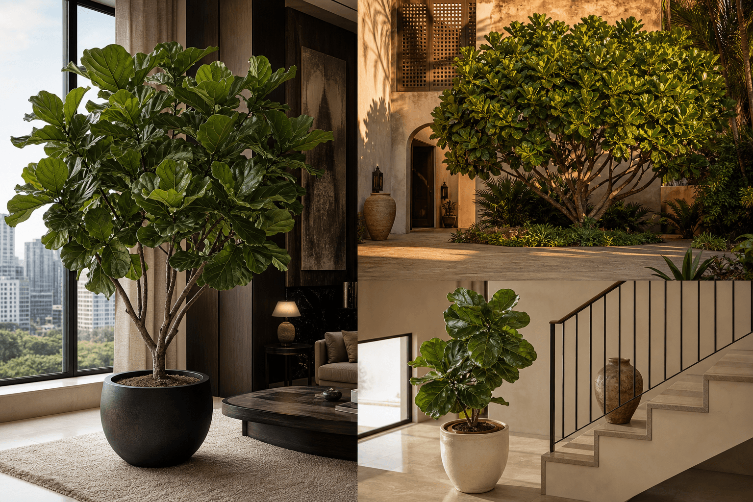 Fiddle-leaf fig shown in three settings: Executive office, Refined living room, Bright conservatory