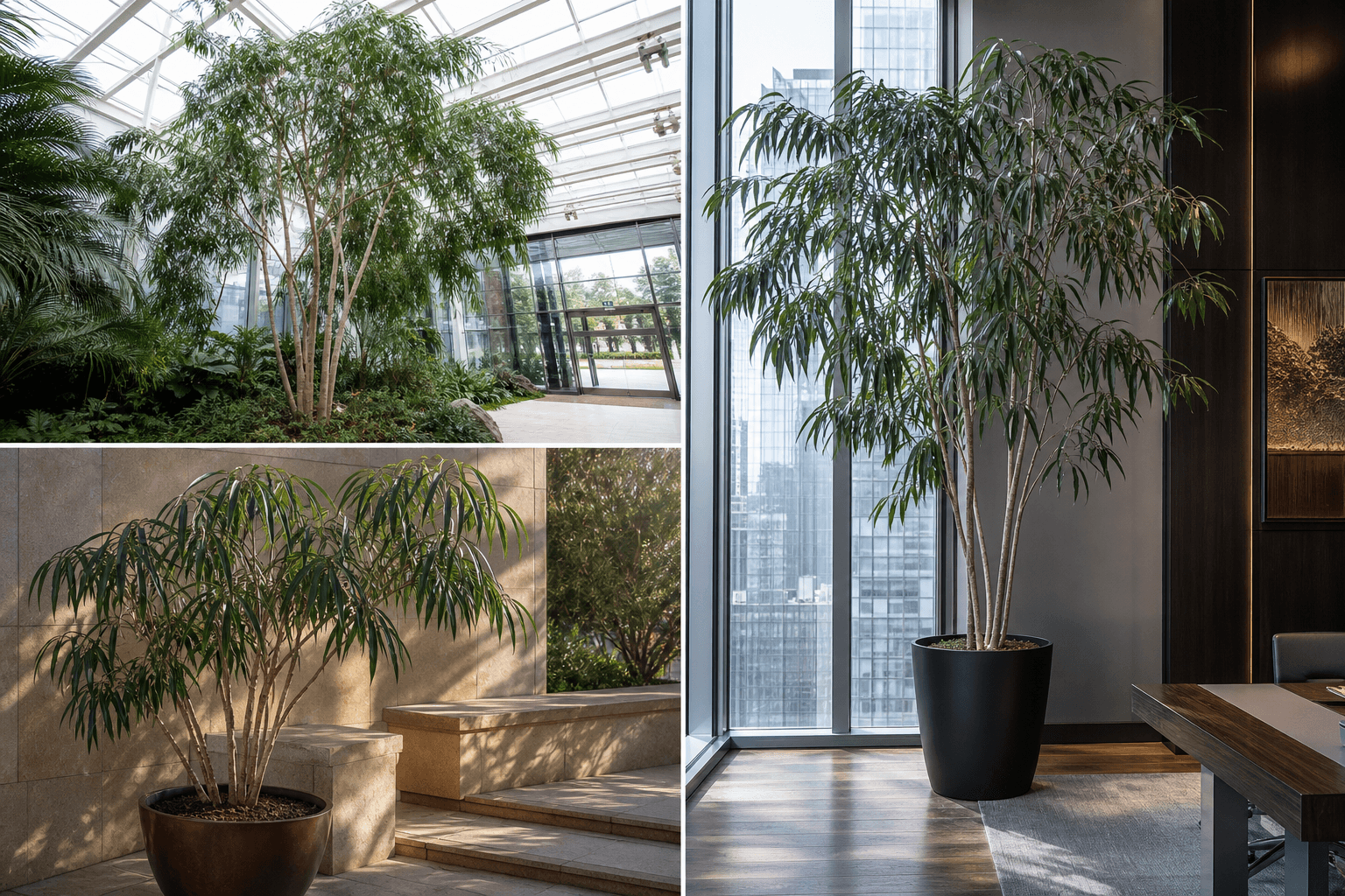 Maclellandii fig tree shown in three settings: Executive office, Refined living room, Bright conservatory