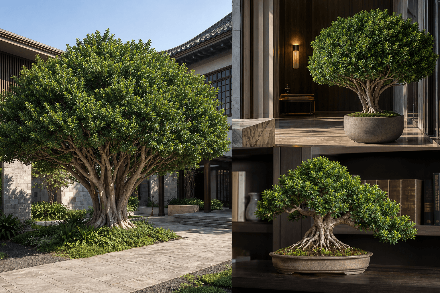 Microcarpa fig tree shown in three settings: Executive office, Refined living room, Bright conservatory