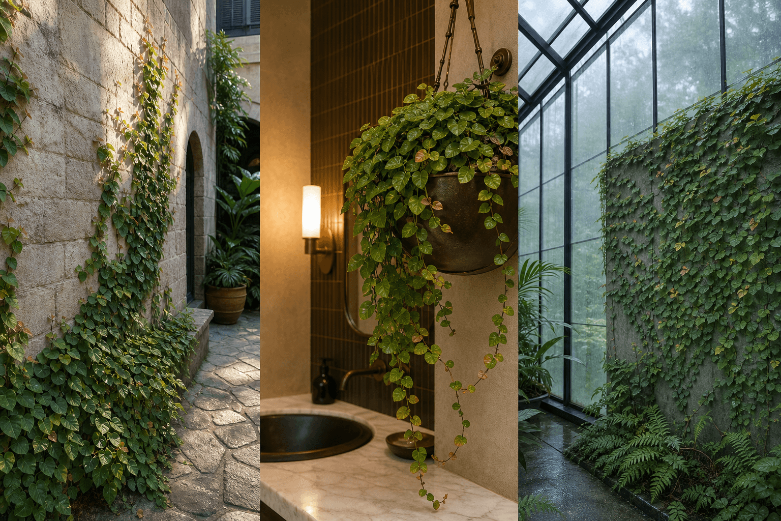 Pumila fig tree shown in three settings: Executive office, Refined living room, Bright conservatory