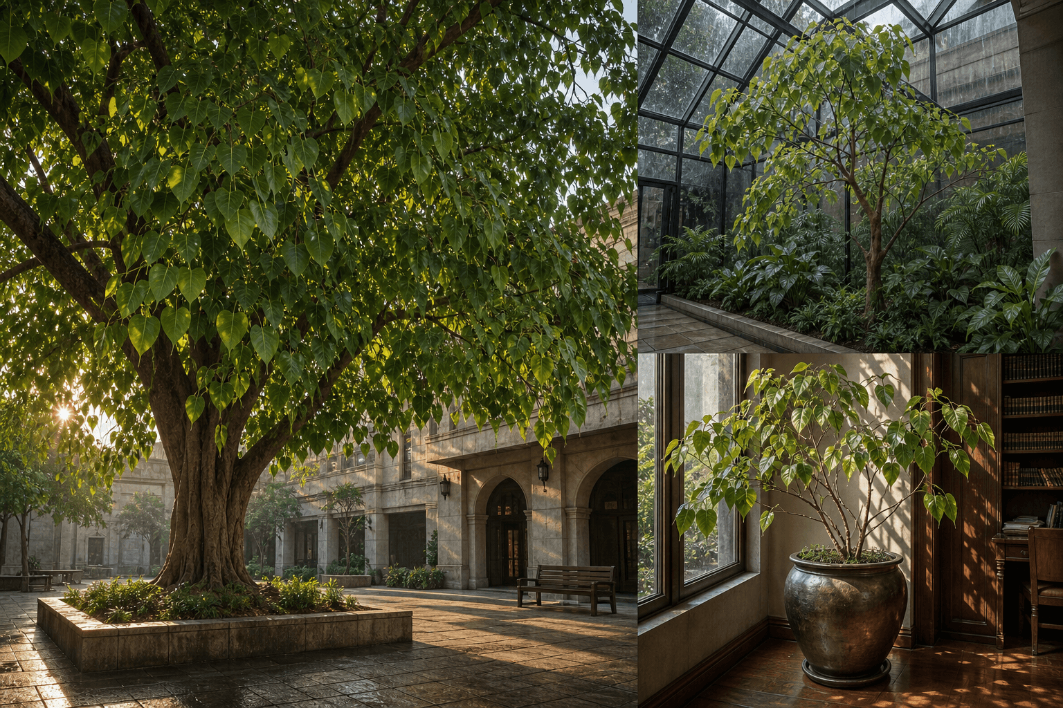 Religiosa fig tree shown in three settings: Executive office, Refined living room, Bright conservatory
