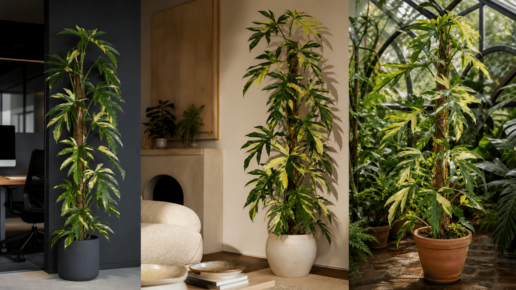 Florida Beauty Philodendron shown in three settings: Living room trellis, Architectural entryway support, Conservatory wall