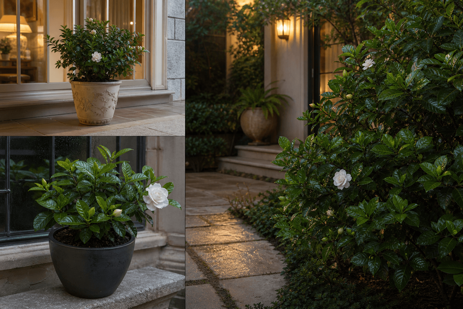 Gardenia shown in three settings: Refined living room, Bright architectural entryway, Sheltered patio