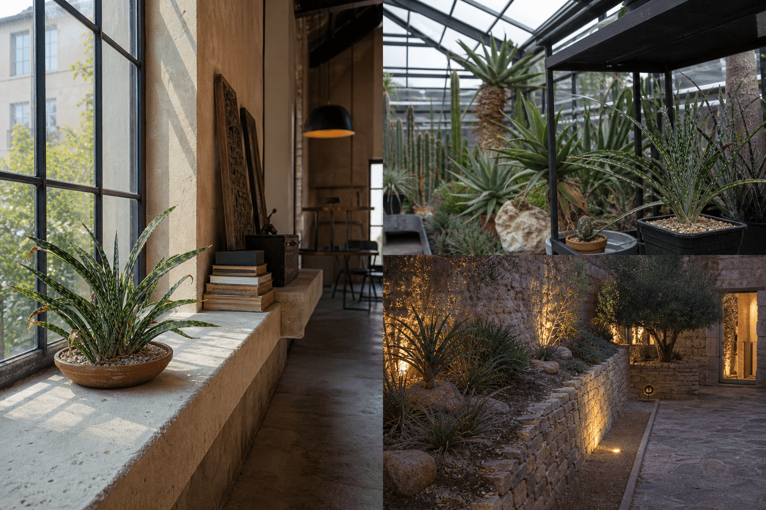 Bicolor ox-tongue succulent shown in three settings: Bright executive office, Modern living room, Sheltered patio