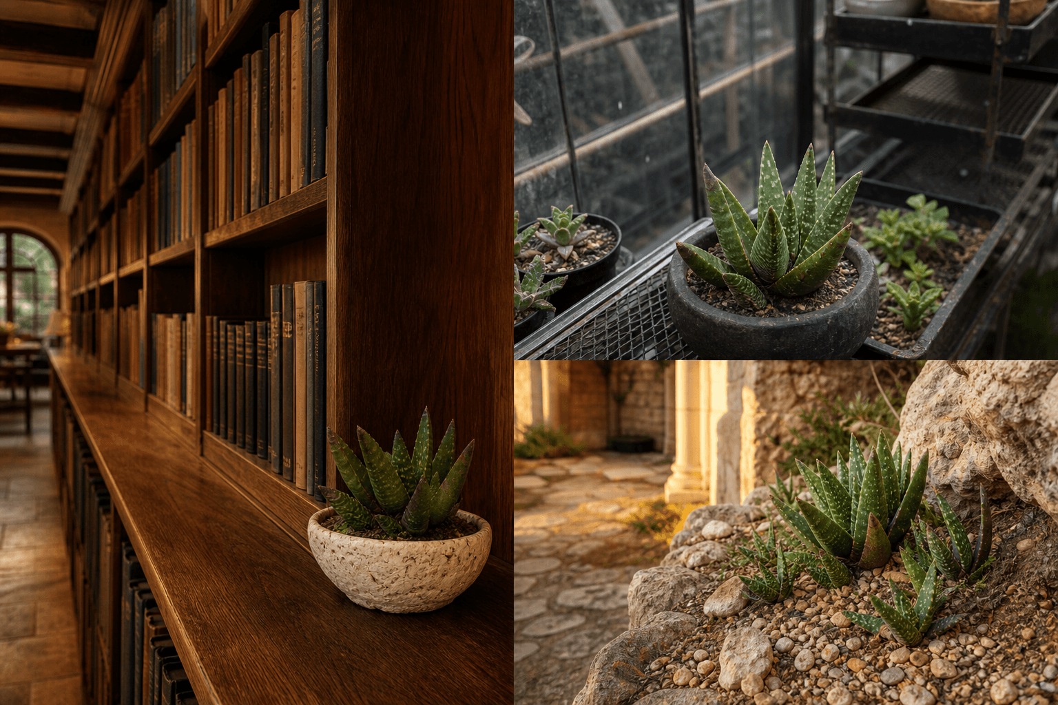 Carinata ox-tongue succulent shown in three settings: Bright executive office, Modern living room, Sheltered patio