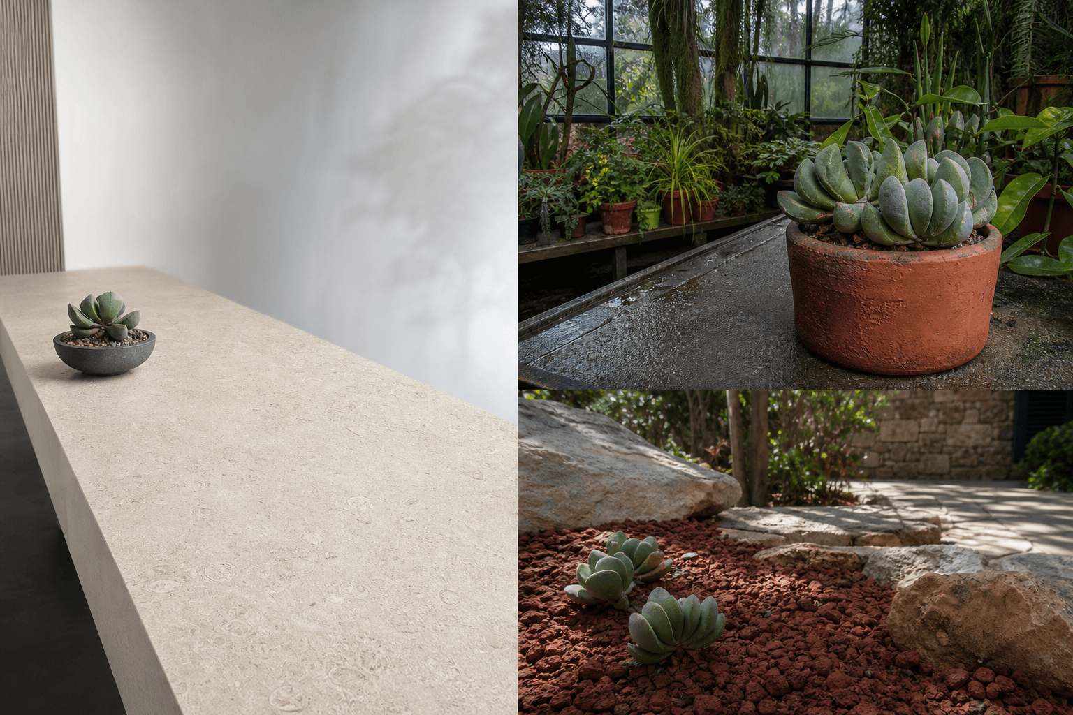 Glomerata ox-tongue succulent shown in three settings: Bright executive office, Modern living room, Sheltered patio