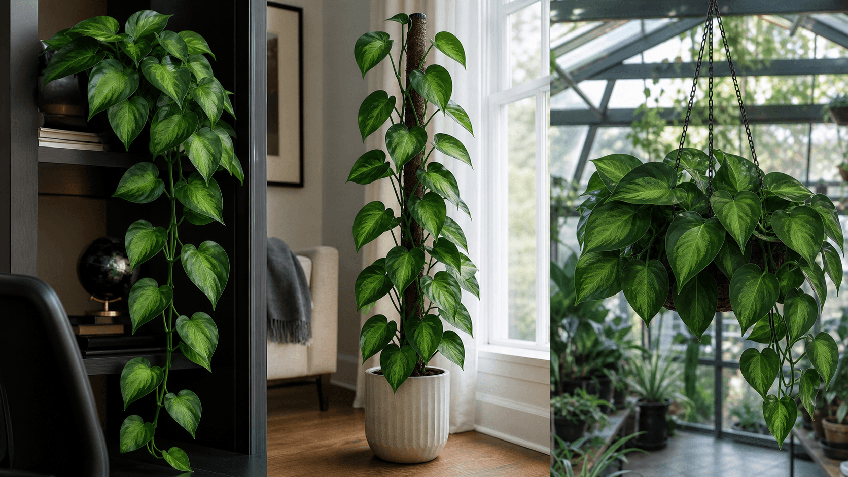 Global Green Pothos shown in three settings: Executive office shelf, Living room hanging planter, Glass conservatory display