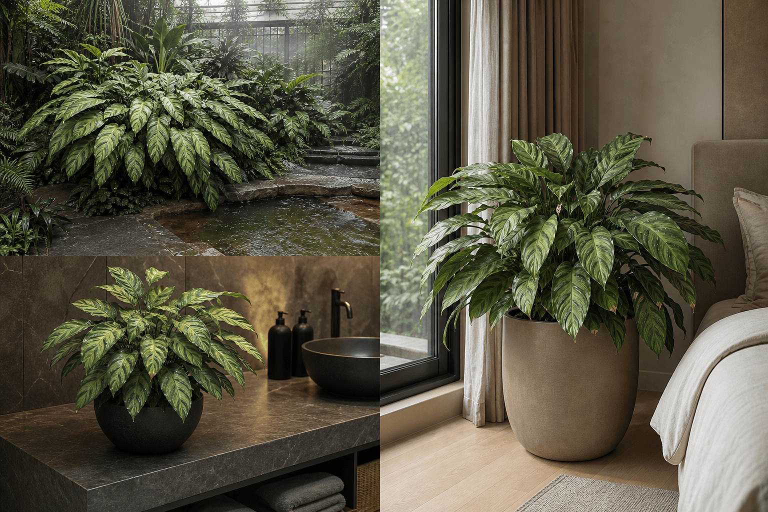 Albertii prayer plant shown in three settings: Executive office, Refined living room, Bright conservatory