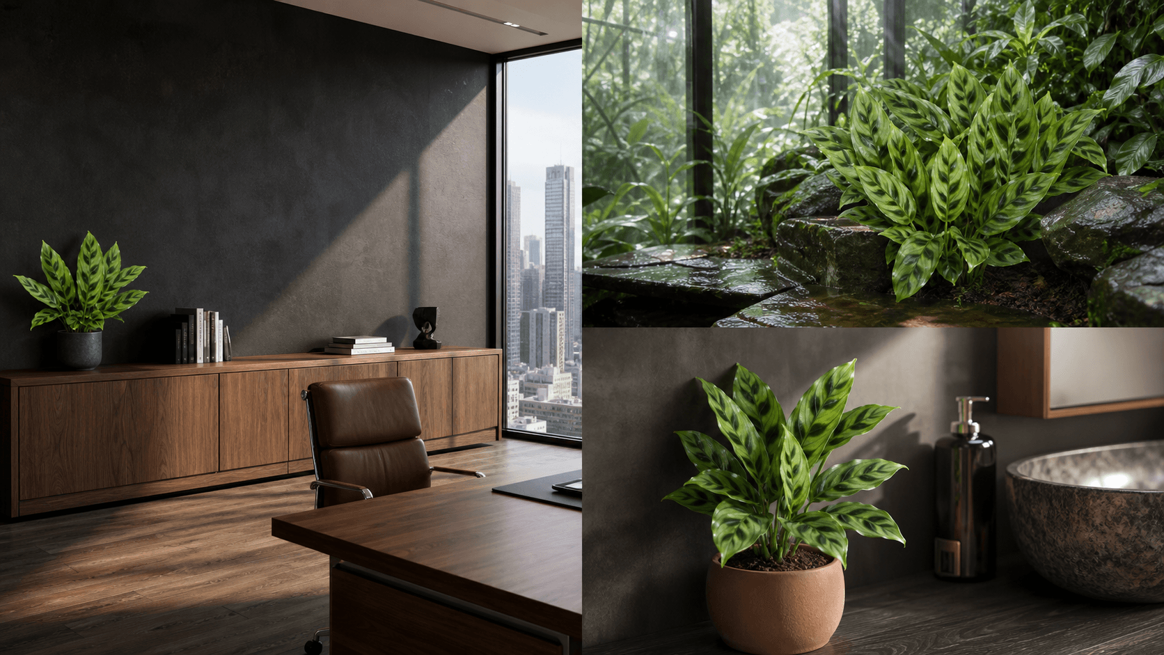Concinna prayer plant shown in three settings: Executive office, Refined living room, Bright conservatory
