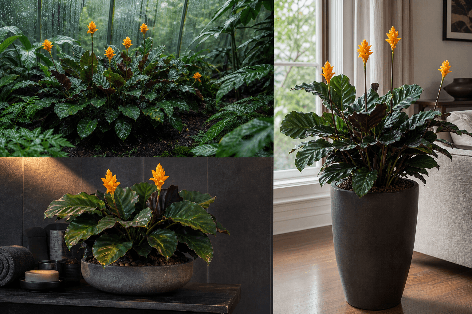 Crocata prayer plant shown in three settings: Executive office, Refined living room, Bright conservatory