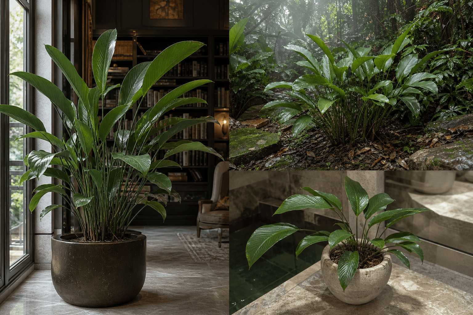 Elliptica prayer plant shown in three settings: Executive office, Refined living room, Bright conservatory