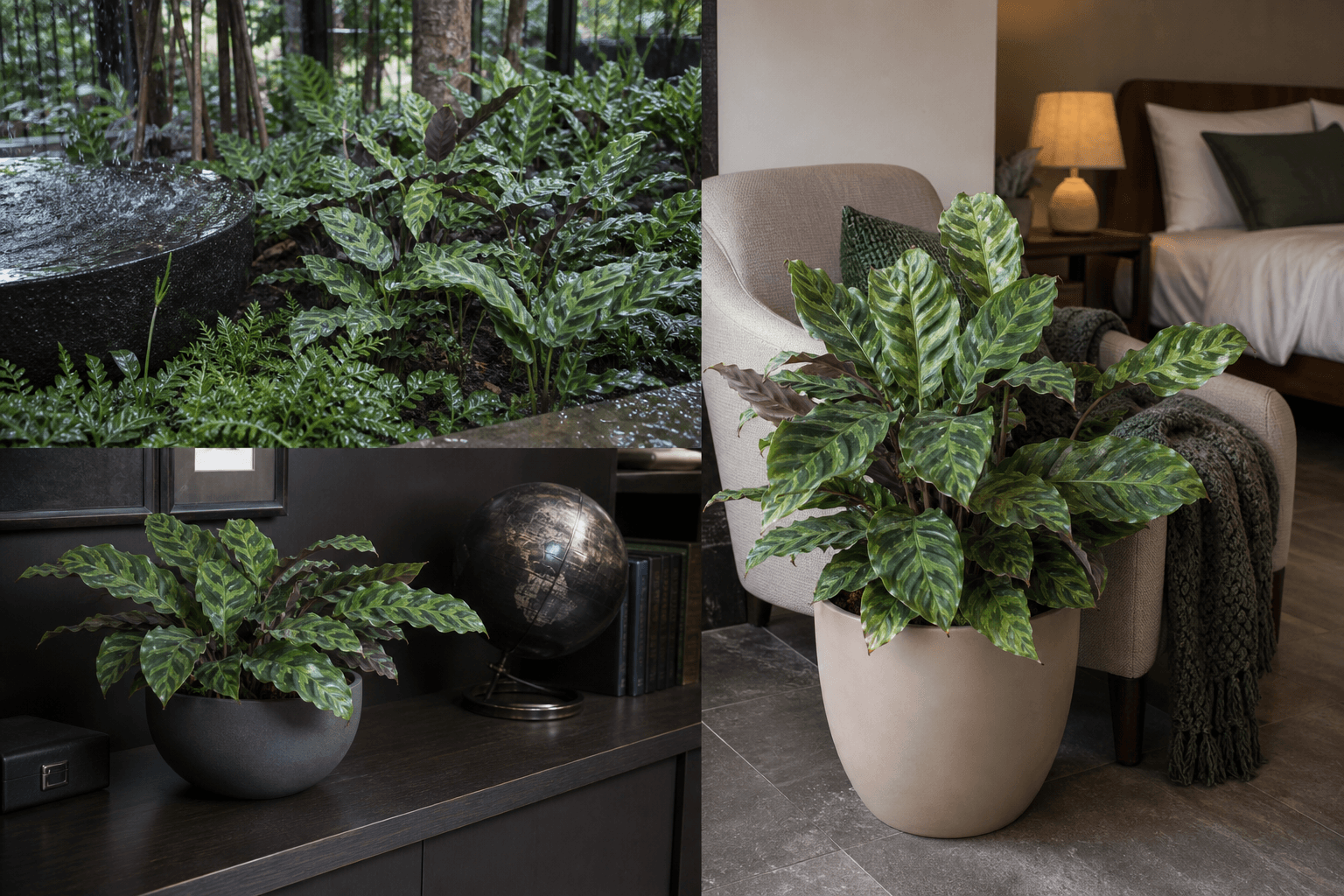 Lietzei prayer plant shown in three settings: Executive office, Refined living room, Bright conservatory