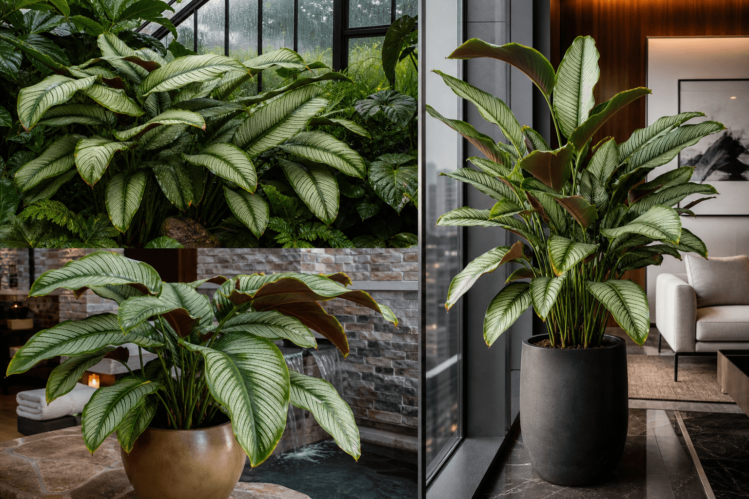 Majestica prayer plant shown in three settings: Executive office, Refined living room, Bright conservatory