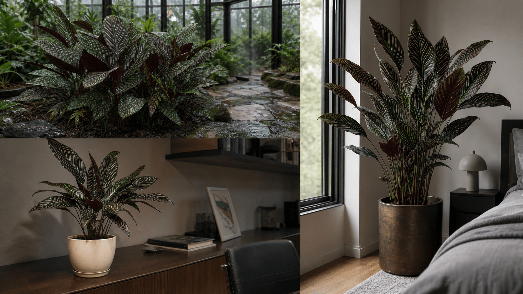 Ornata prayer plant shown in three settings: Executive office, Refined living room, Bright conservatory