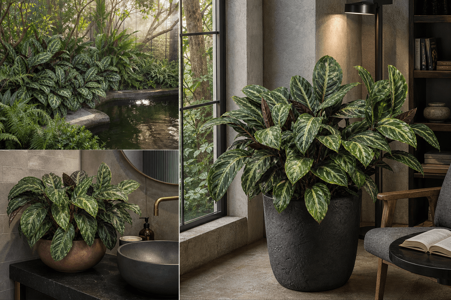 Picturata prayer plant shown in three settings: Executive office, Refined living room, Bright conservatory