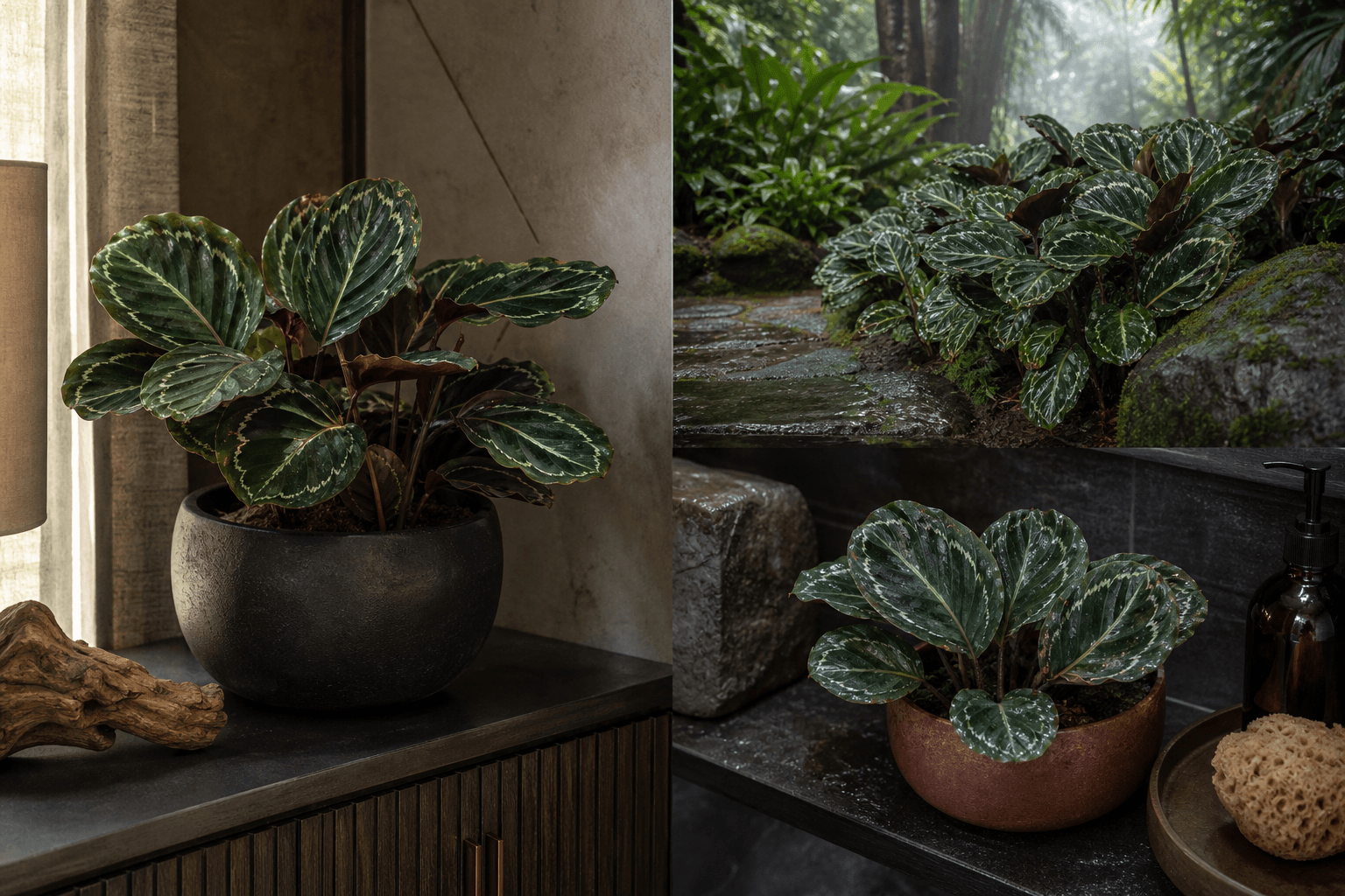Roseopicta prayer plant shown in three settings: Executive office, Refined living room, Bright conservatory