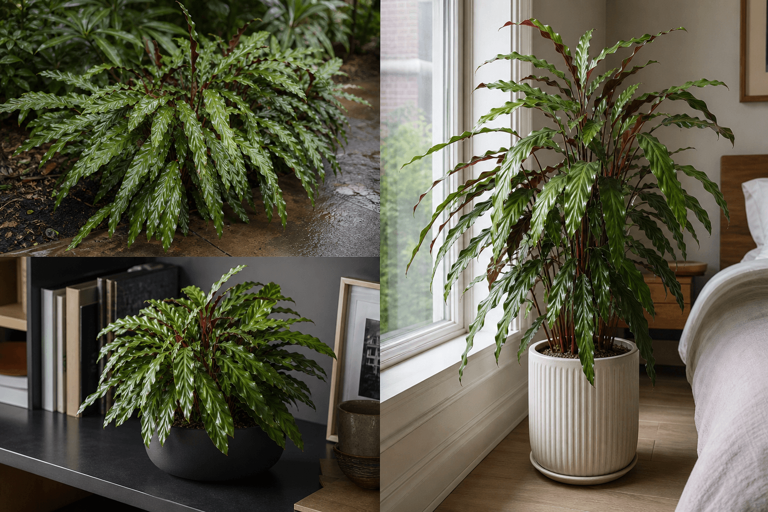 Rufibarba prayer plant shown in three settings: Executive office, Refined living room, Bright conservatory