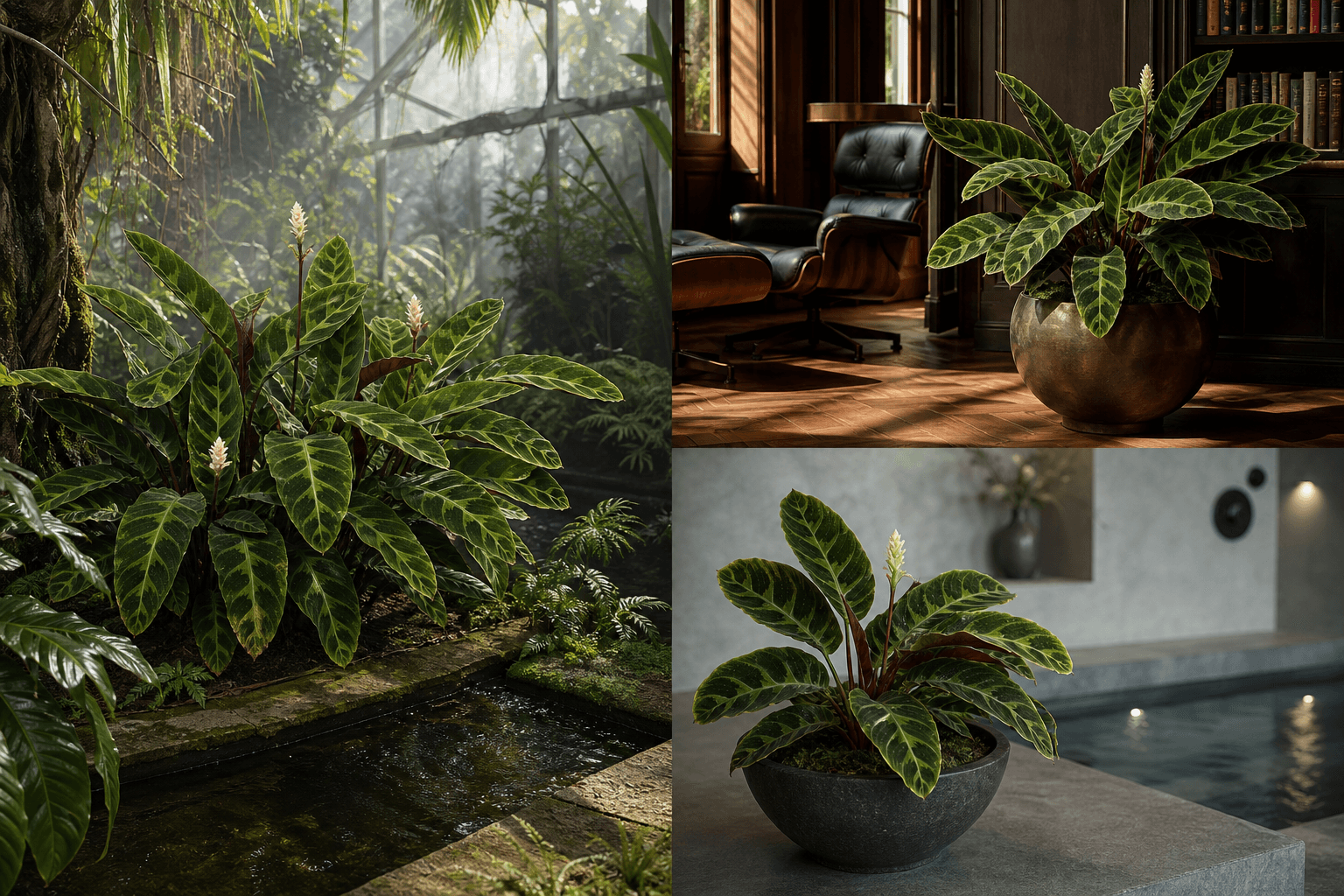 Warszewiczii prayer plant shown in three settings: Executive office, Refined living room, Bright conservatory