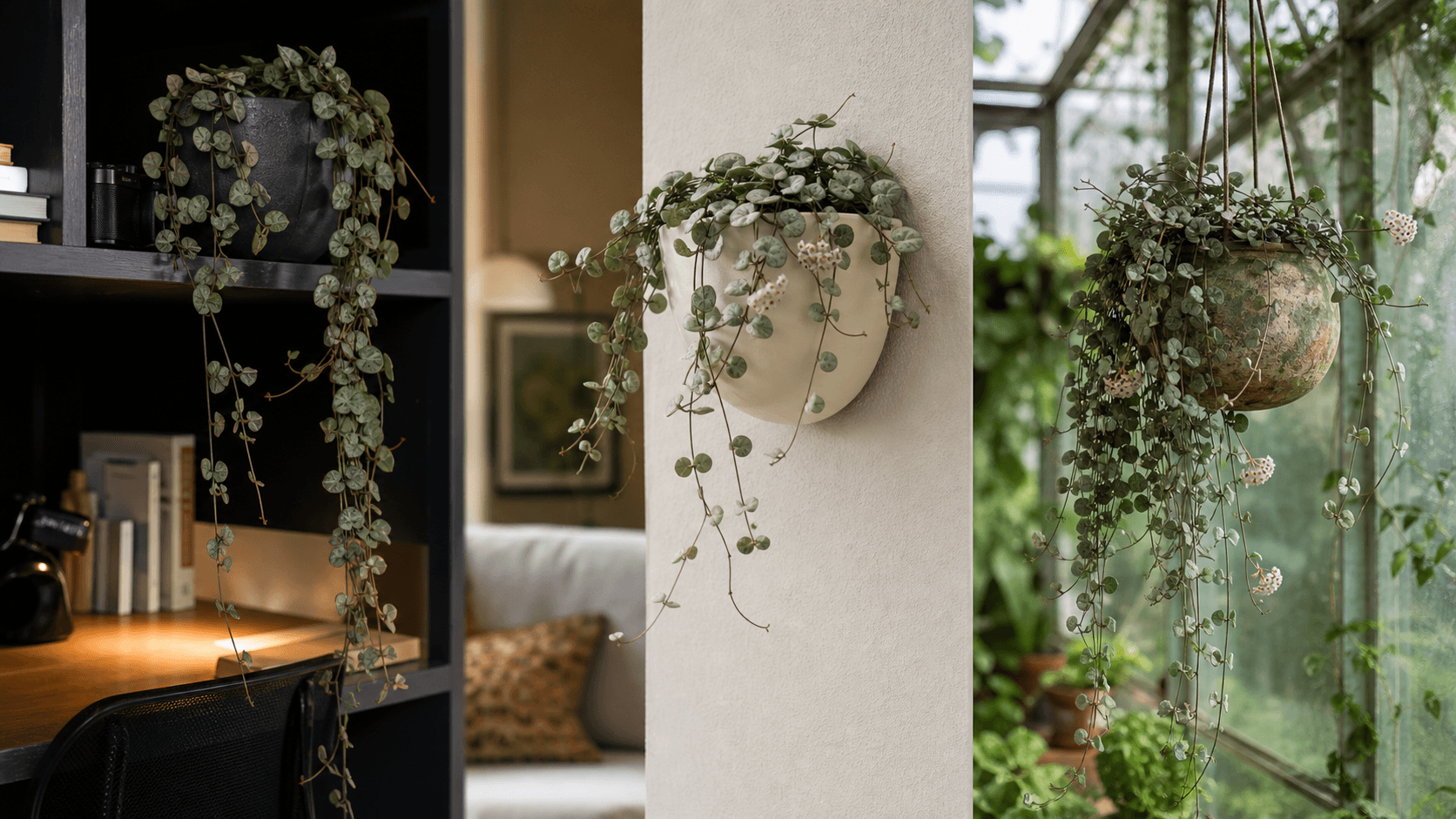 Grey Fairy Hoya shown in three settings: Executive office shelf, Living room hanging planter, Glass conservatory display