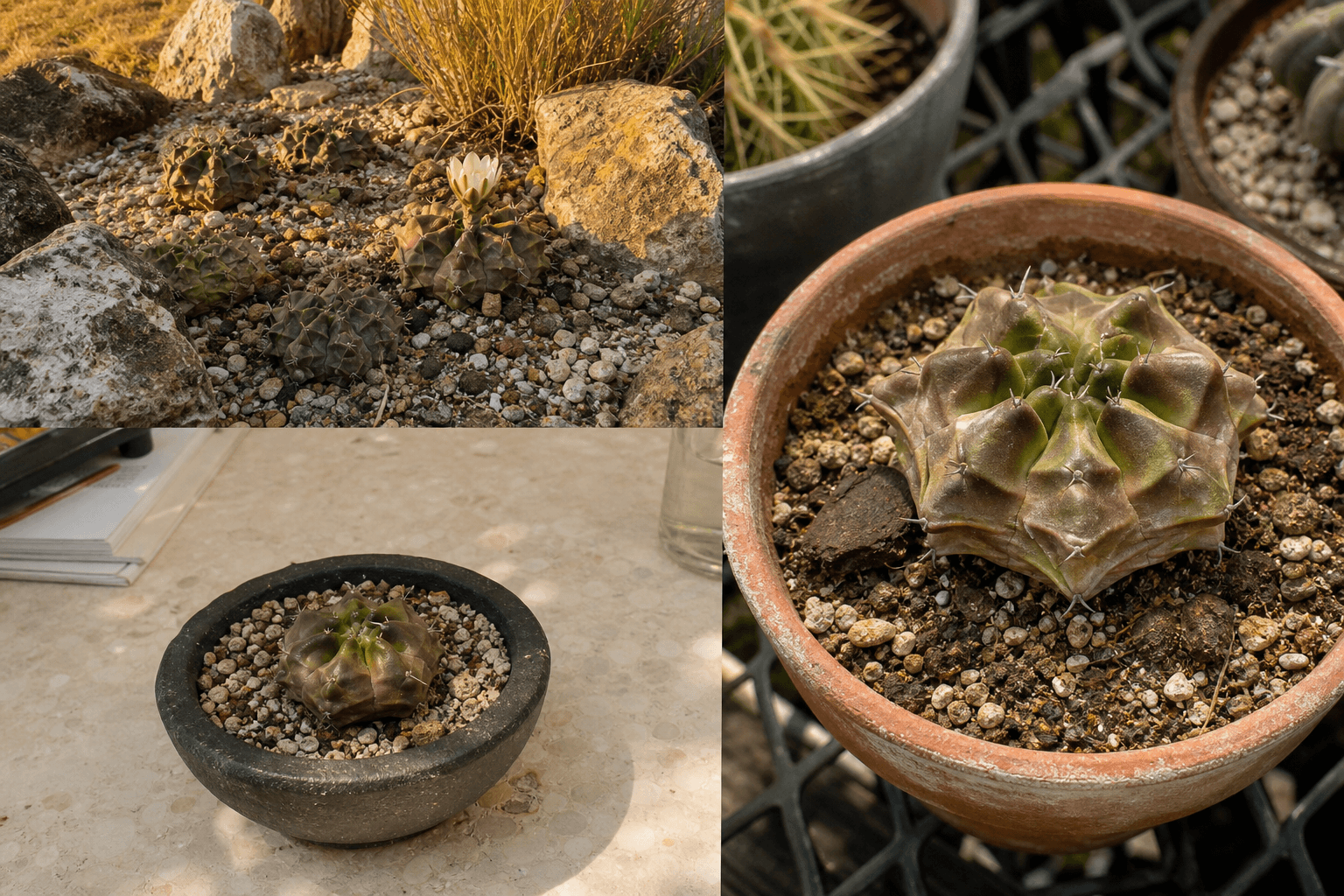 Mihanovichii chin cactus shown in three settings: Bright executive office, Modern living room, Sheltered patio