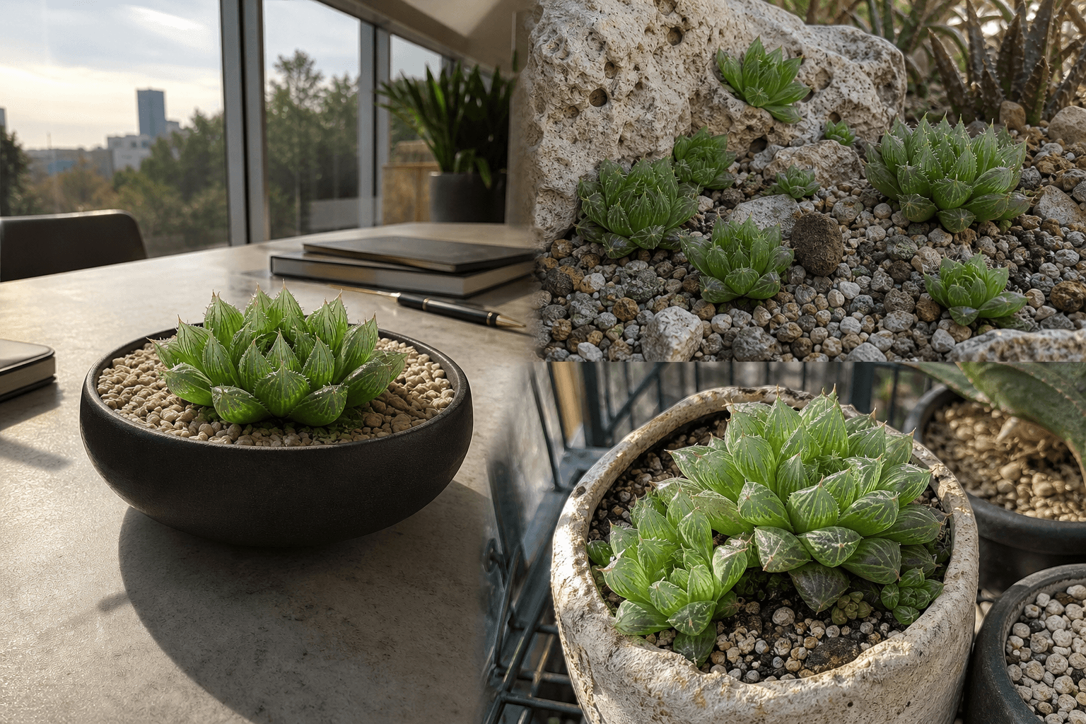 Cooperi haworthia succulent shown in three settings: Bright executive office, Modern living room, Sheltered patio