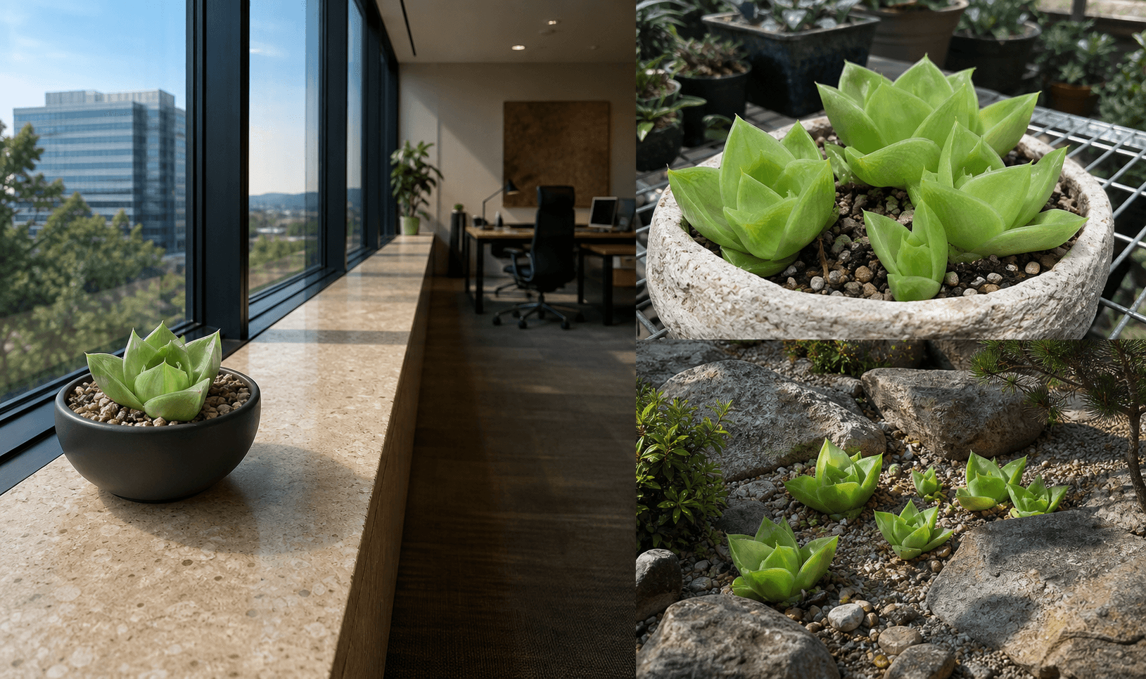 Cymbiformis haworthia succulent shown in three settings: Bright executive office, Modern living room, Sheltered patio