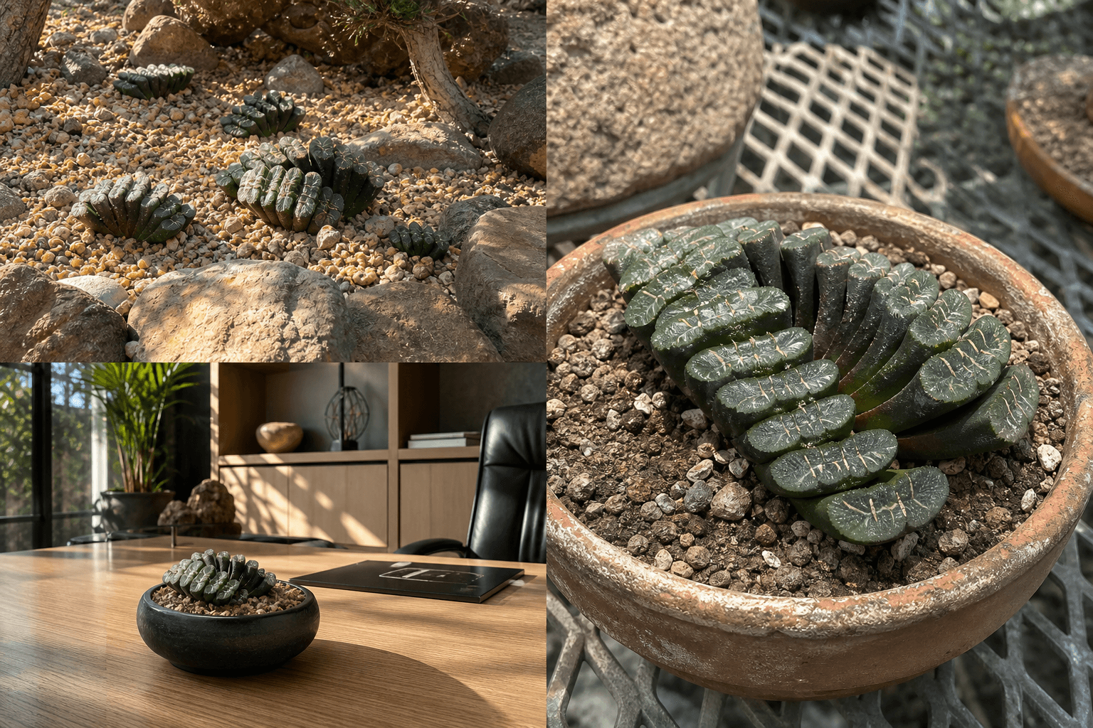 Truncata haworthia succulent shown in three settings: Bright executive office, Modern living room, Sheltered patio