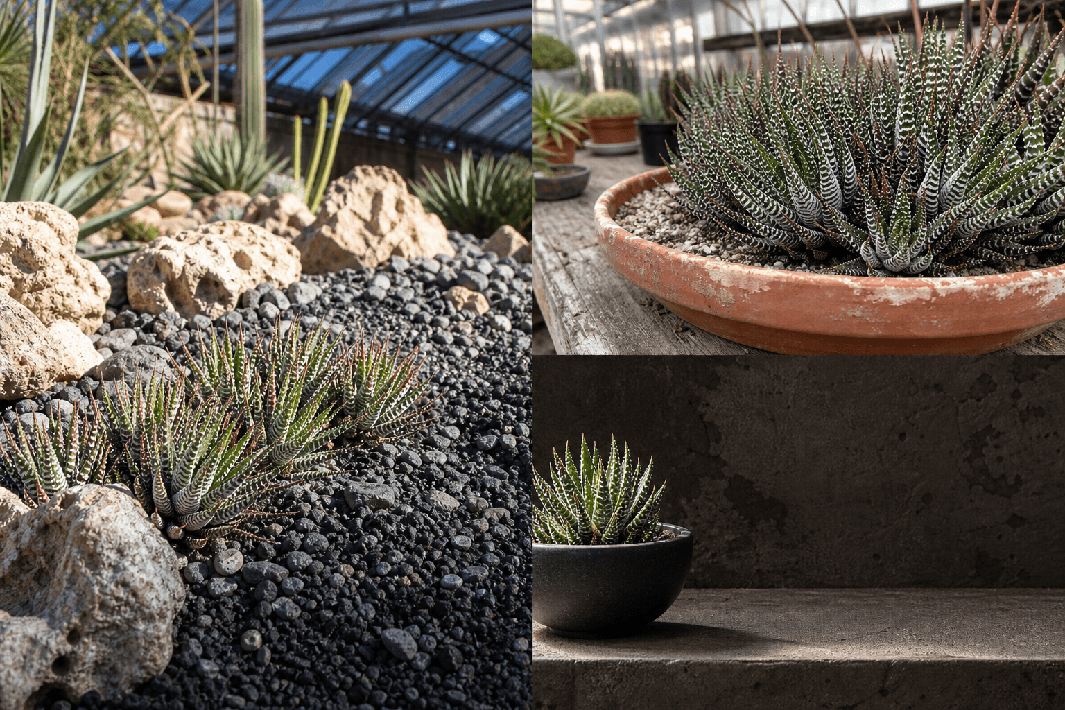 Zebra haworthia shown in three settings: Bright executive office, Modern living room, Sheltered patio