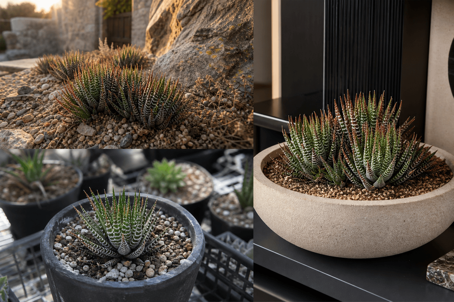 Fasciata zebra haworthia shown in three settings: Bright executive office, Modern living room, Sheltered patio