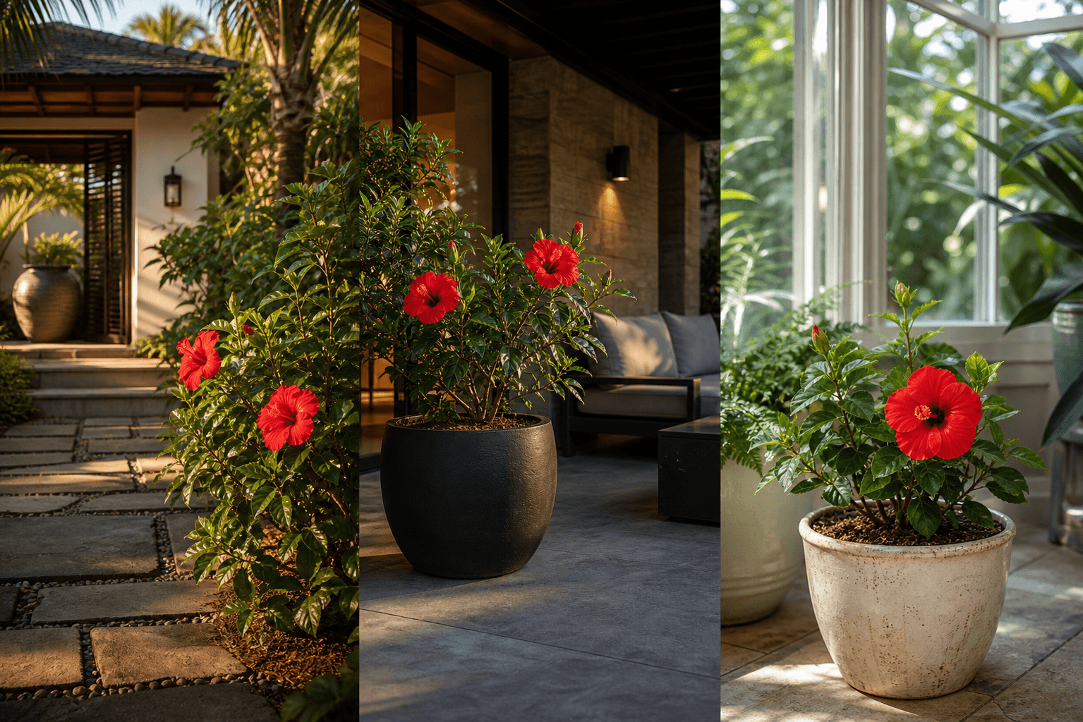 Rosa Sinensis tropical hibiscus shown in three settings: Refined living room, Bright architectural entryway, Sheltered patio