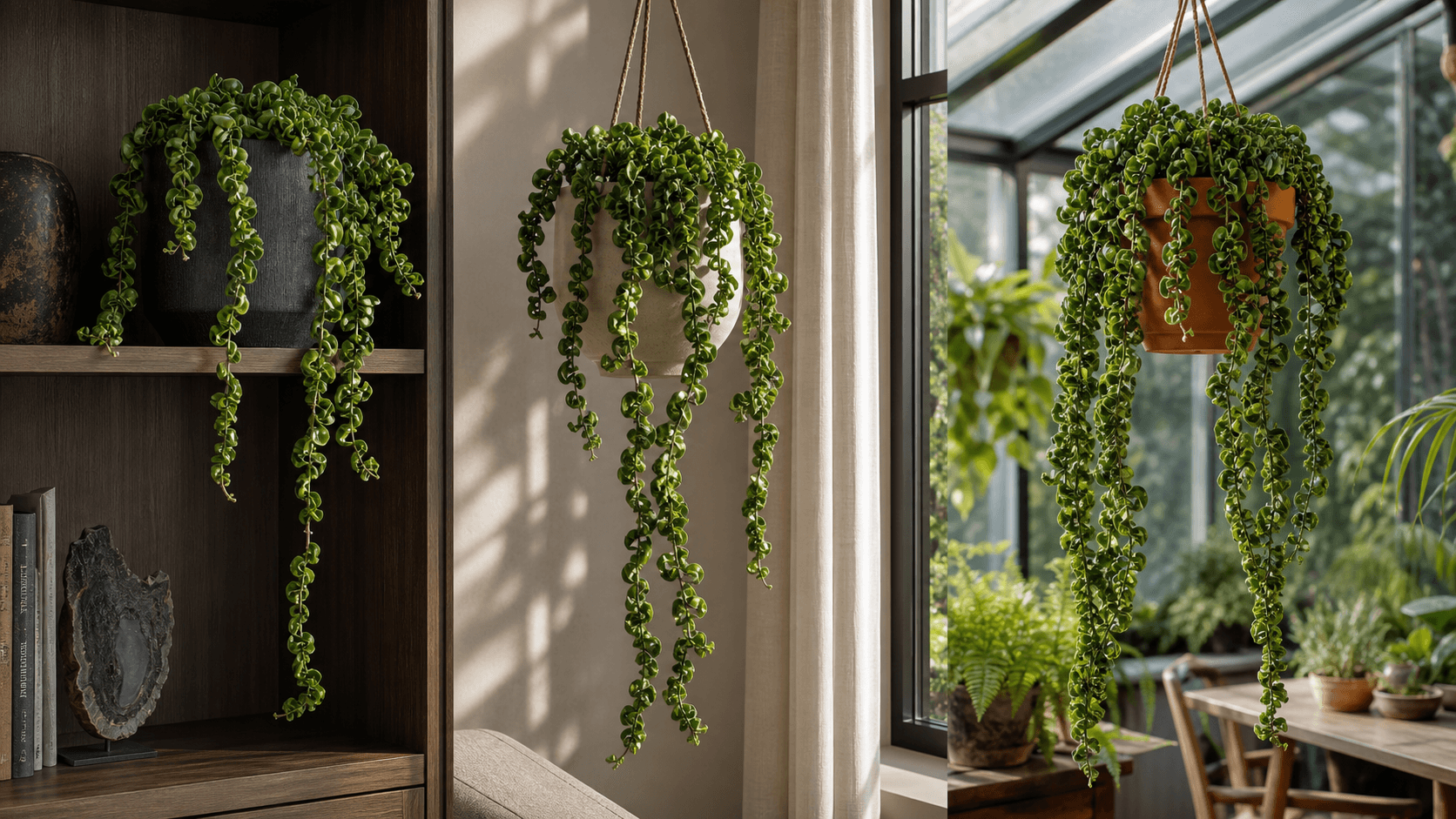 Hindu Rope Hoya shown in three settings: Executive office shelf, Living room hanging planter, Glass conservatory display