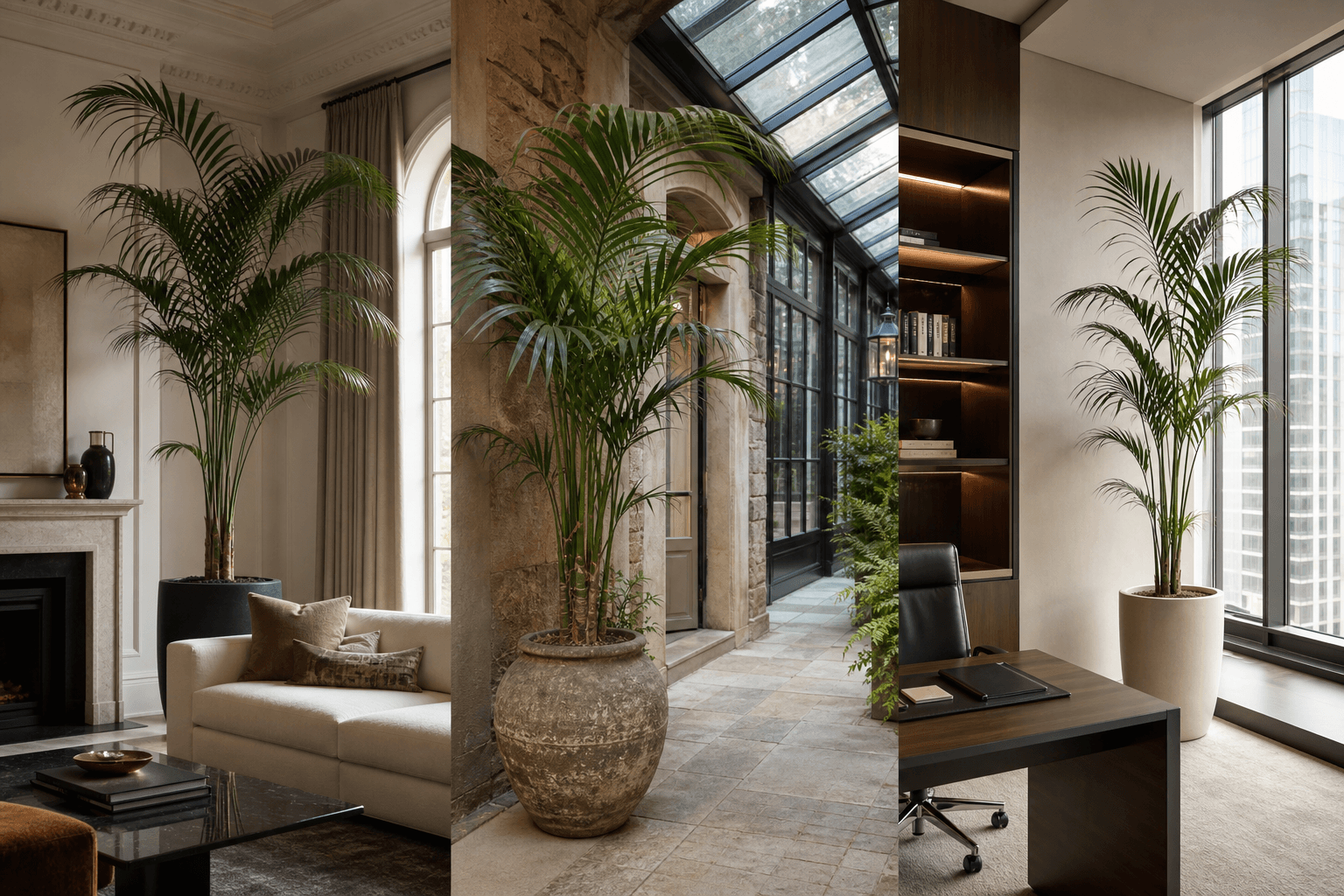 Kentia Palm shown in three settings: Executive office, Refined living room, Bright conservatory