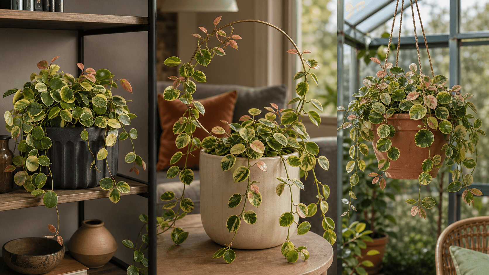 Hoya Australis ‘Lisa’ shown in three settings: Executive office shelf, Living room hanging planter, Glass conservatory display