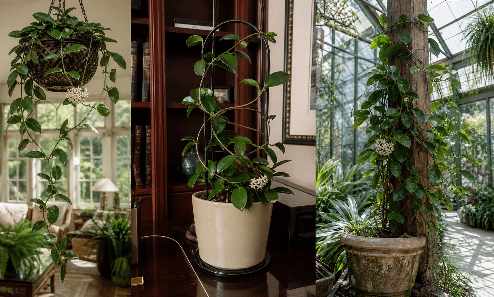 Australis wax plant shown in three settings: Executive office shelf, Living room hanging planter, Glass conservatory display