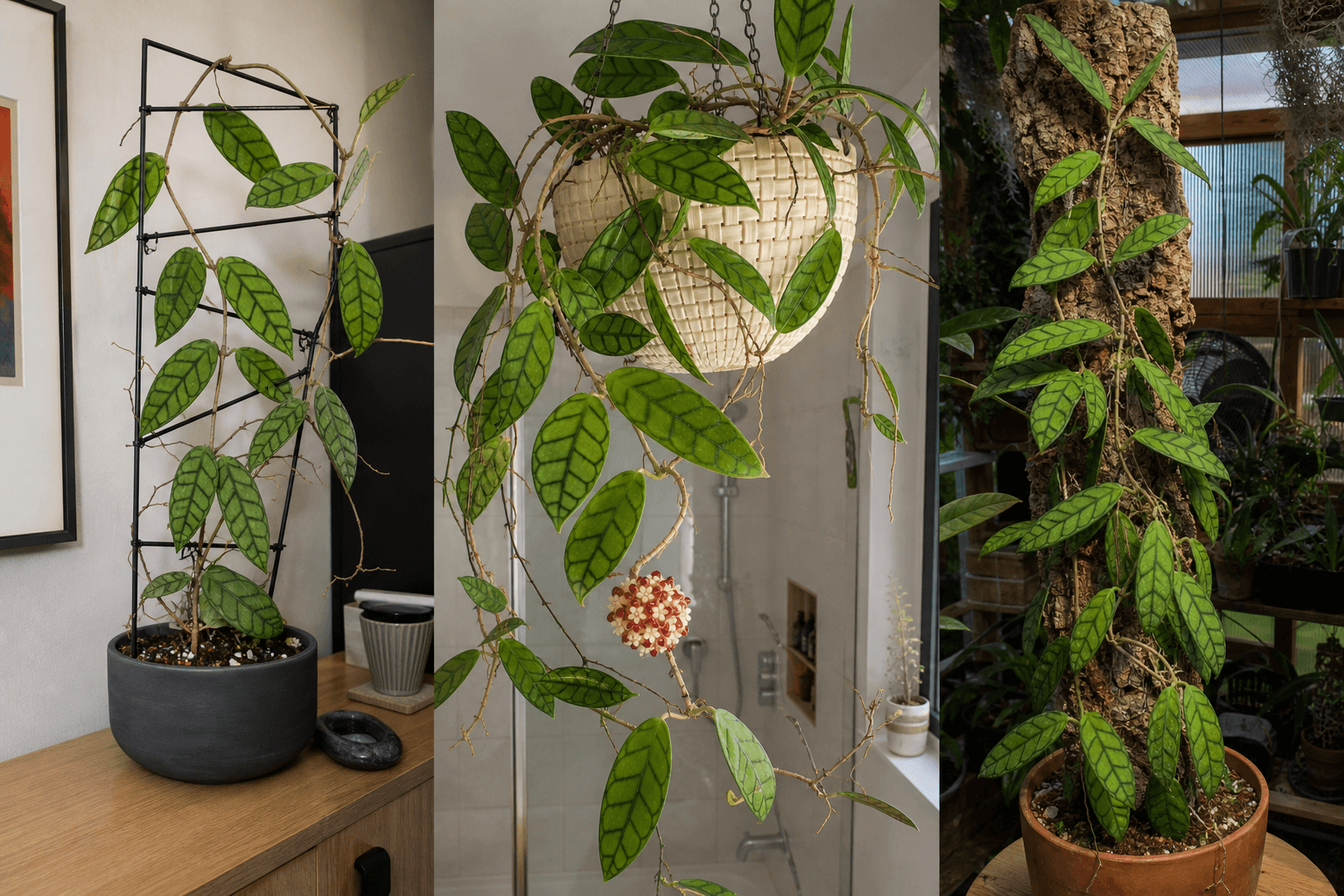 Callistophylla wax plant shown in three settings: Executive office shelf, Living room hanging planter, Glass conservatory display