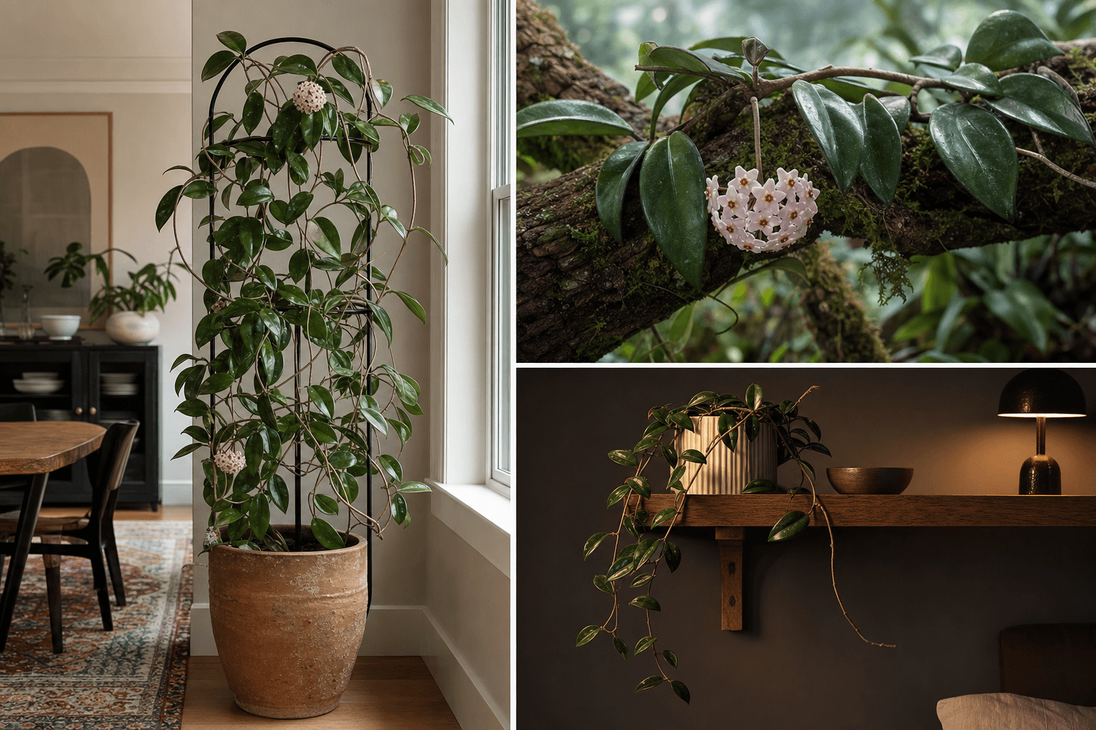 Wax Plant shown in three settings: Executive office shelf, Living room hanging planter, Glass conservatory display