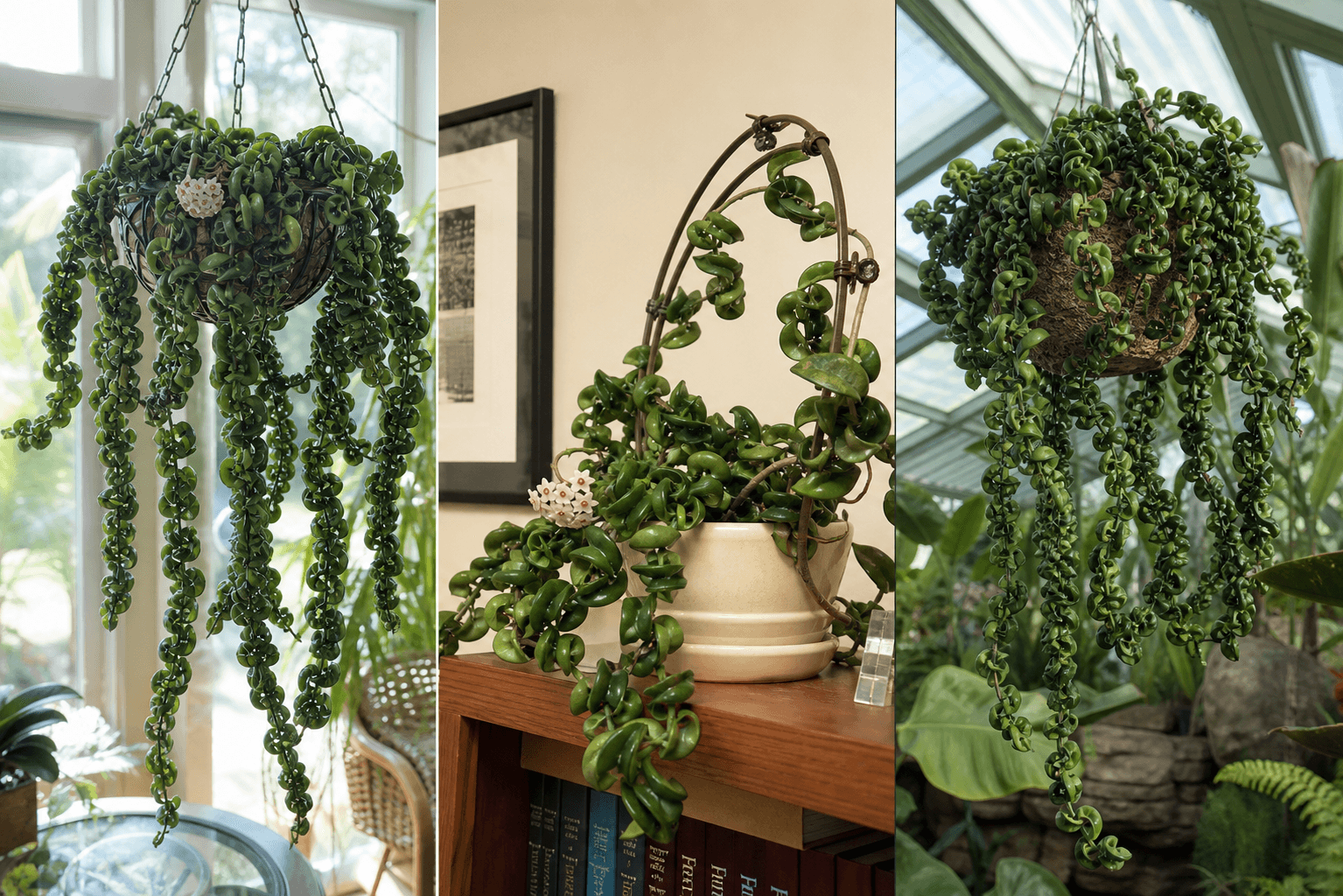 Compacta wax plant shown in three settings: Executive office shelf, Living room hanging planter, Glass conservatory display