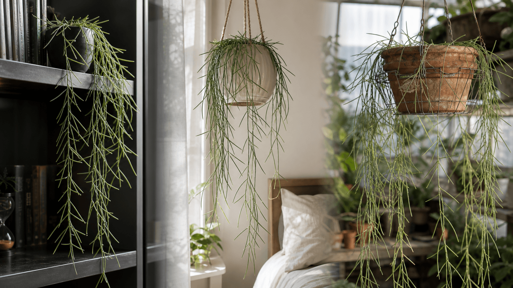 Hoya Linearis shown in three settings: Executive office shelf, Living room hanging planter, Glass conservatory display