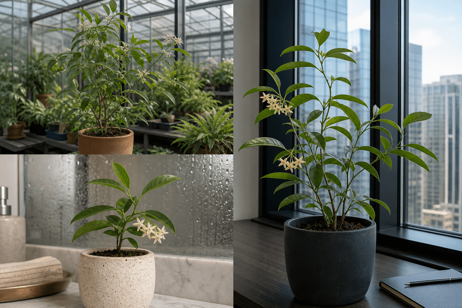 Multiflora wax plant shown in three settings: Executive office shelf, Living room hanging planter, Glass conservatory display