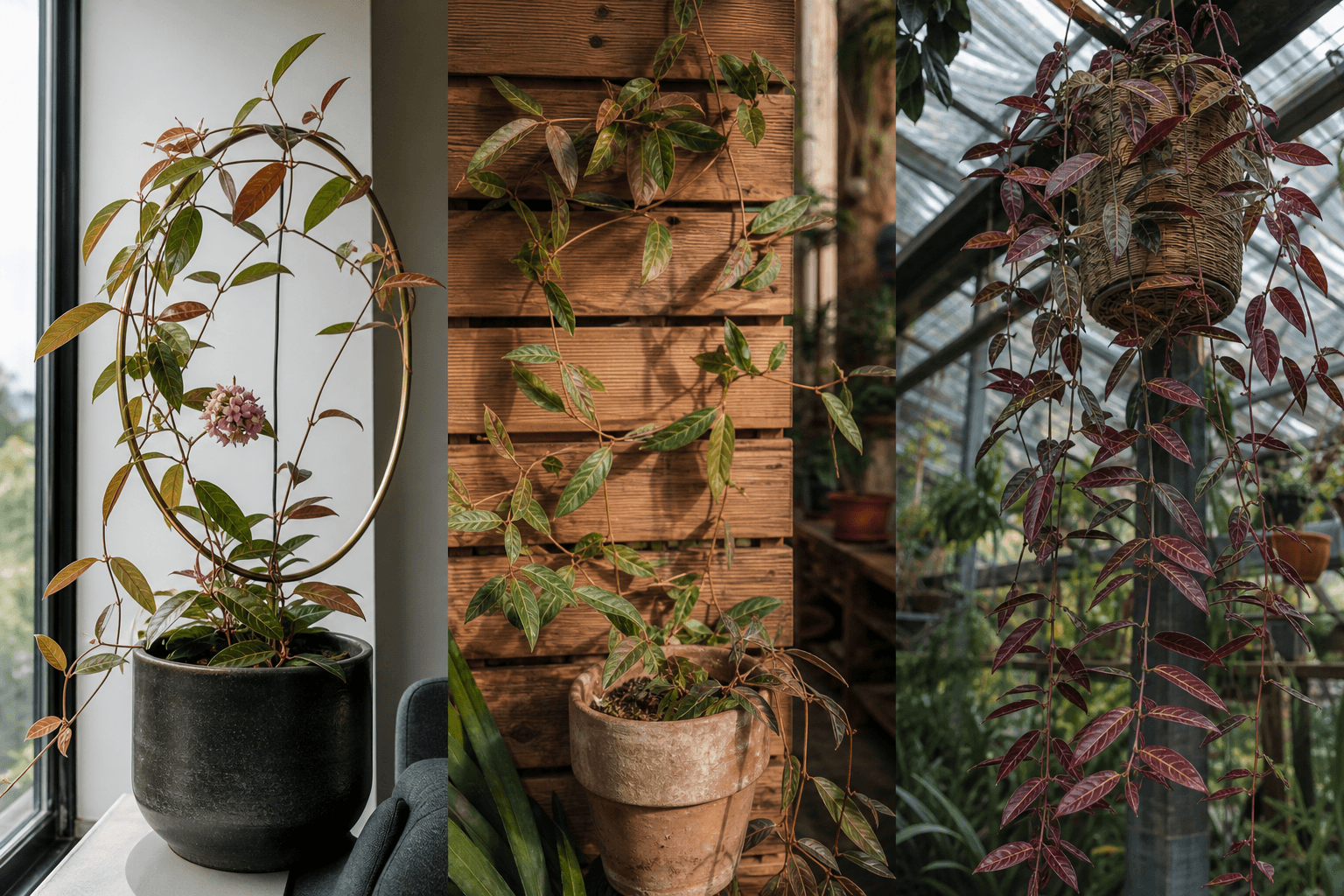 Obscura wax plant shown in three settings: Executive office shelf, Living room hanging planter, Glass conservatory display