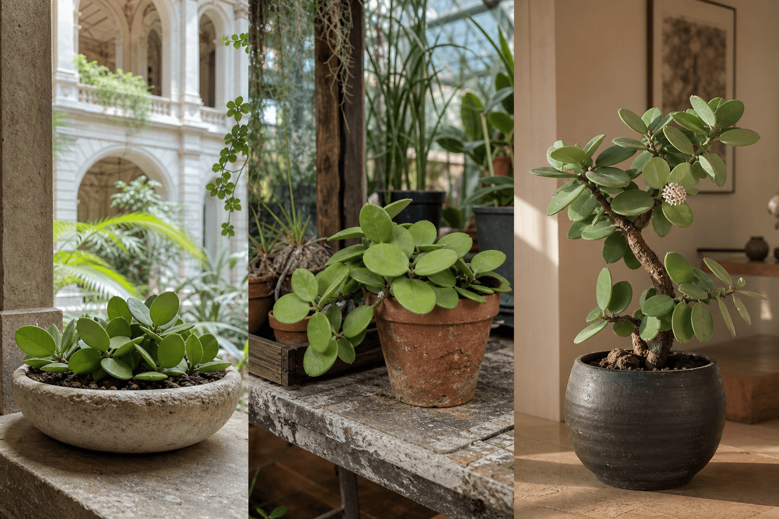 Pachyclada wax plant shown in three settings: Executive office shelf, Living room hanging planter, Glass conservatory display