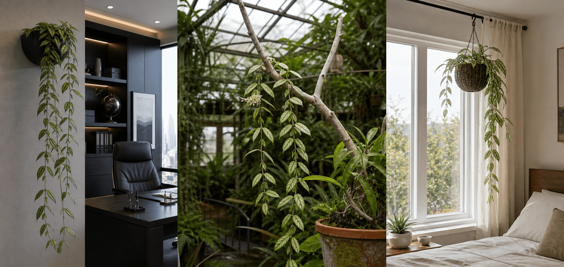 Polyneura wax plant shown in three settings: Executive office shelf, Living room hanging planter, Glass conservatory display