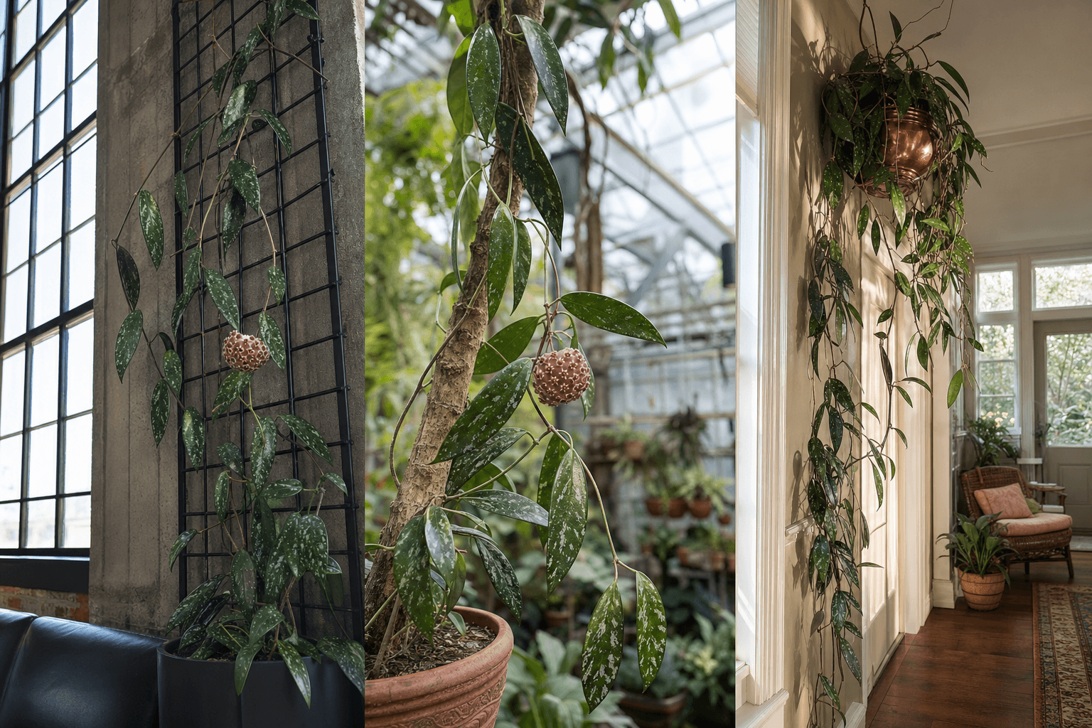 Pubicalyx wax plant shown in three settings: Executive office shelf, Living room hanging planter, Glass conservatory display
