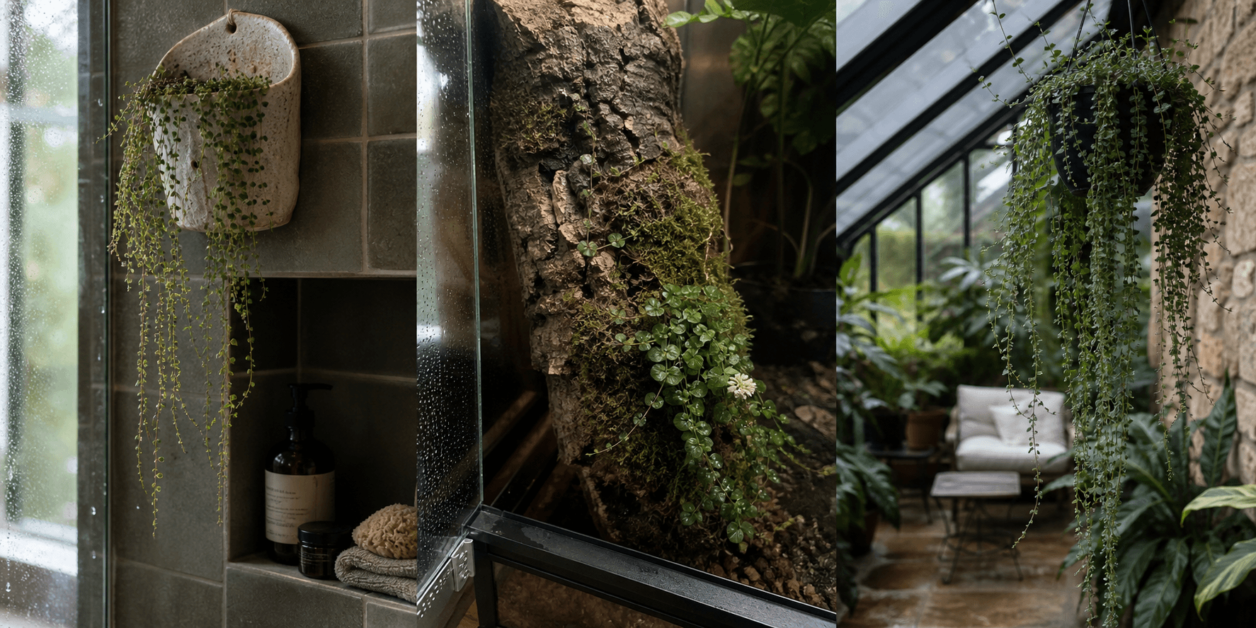 Serpens wax plant shown in three settings: Executive office shelf, Living room hanging planter, Glass conservatory display