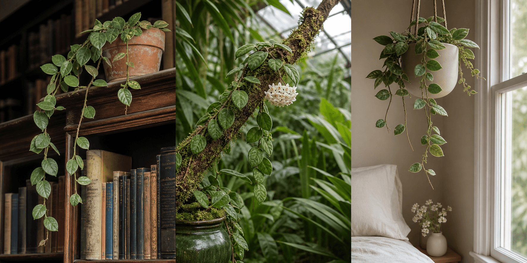 Thomsonii wax plant shown in three settings: Executive office shelf, Living room hanging planter, Glass conservatory display