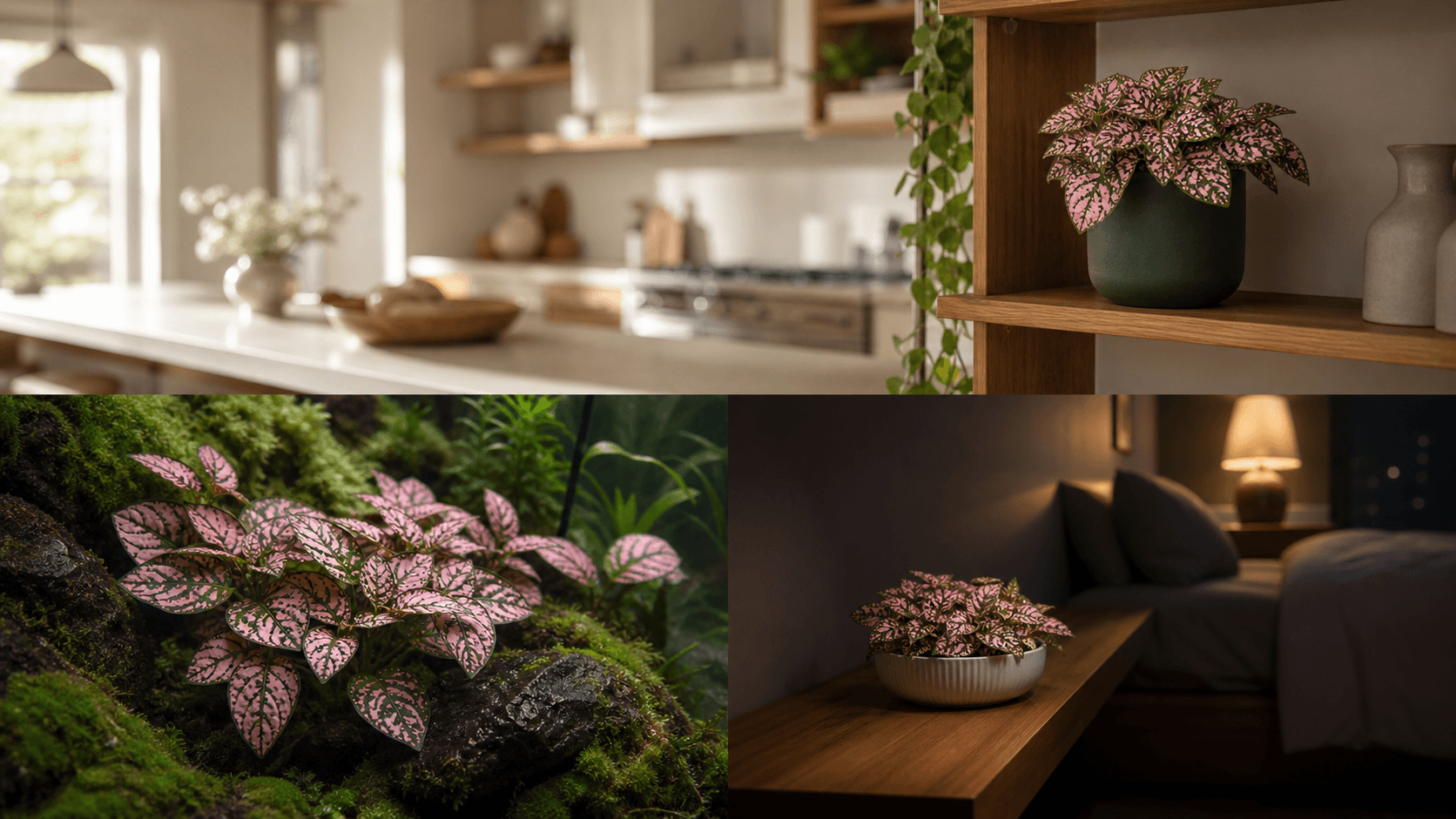 Polka dot plant shown in three settings: Executive office, Refined living room, Bright conservatory
