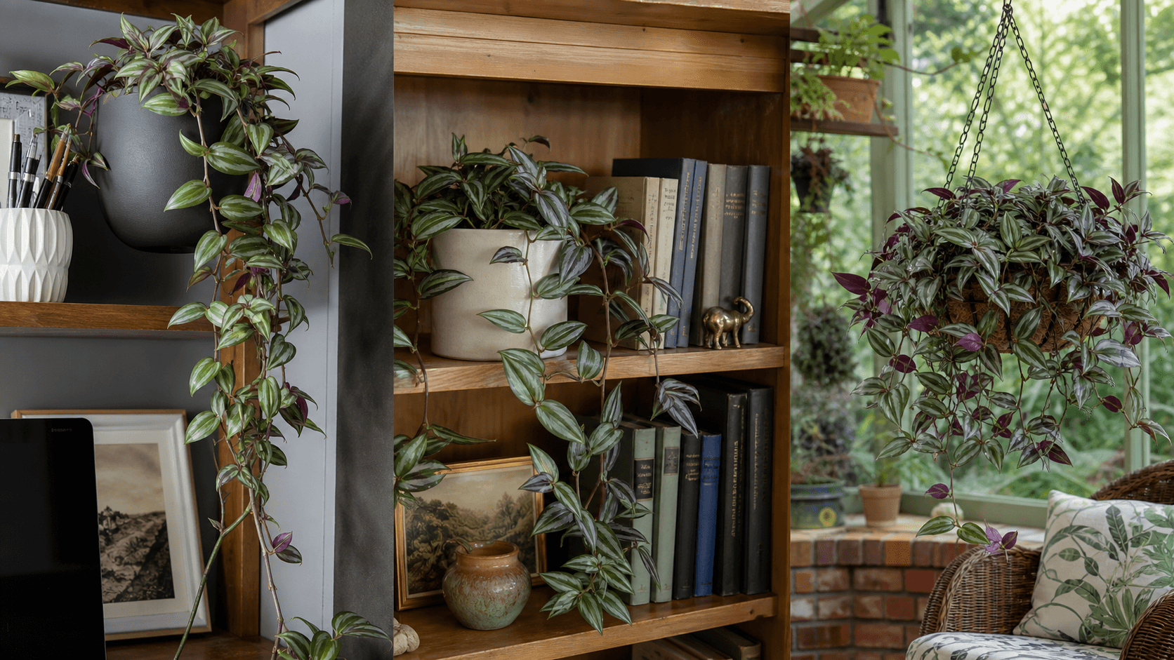 inch plant shown in three settings: Executive office shelf, Living room hanging planter, Glass conservatory display