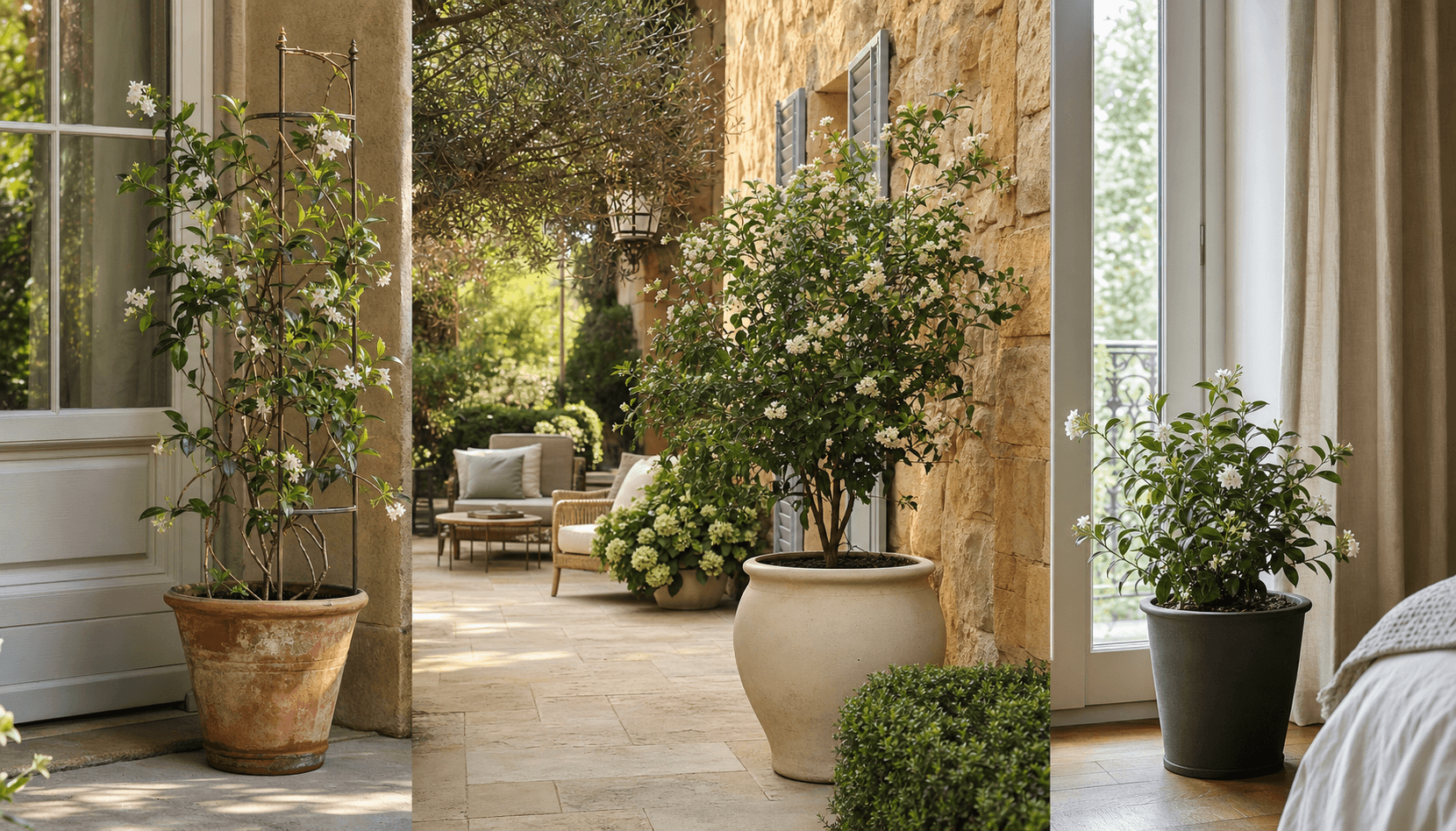 Sambac jasmine shown in three settings: Living room trellis, Architectural entryway support, Conservatory wall
