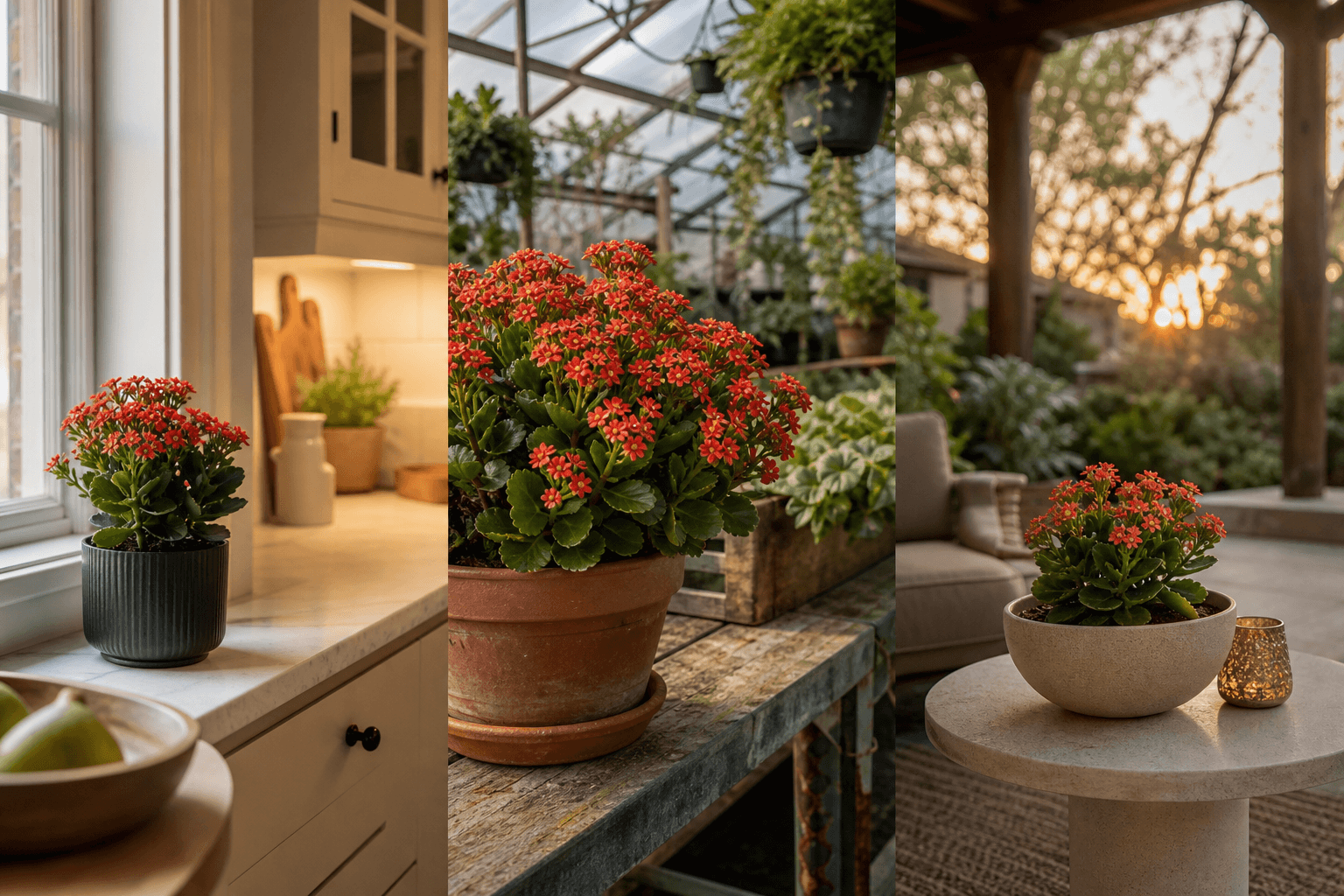 Blossfeldiana kalanchoe shown in three settings: Refined living room, Bright architectural entryway, Sheltered patio