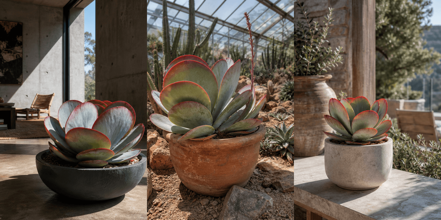 Thyrsiflora kalanchoe shown in three settings: Bright executive office, Modern living room, Sheltered patio